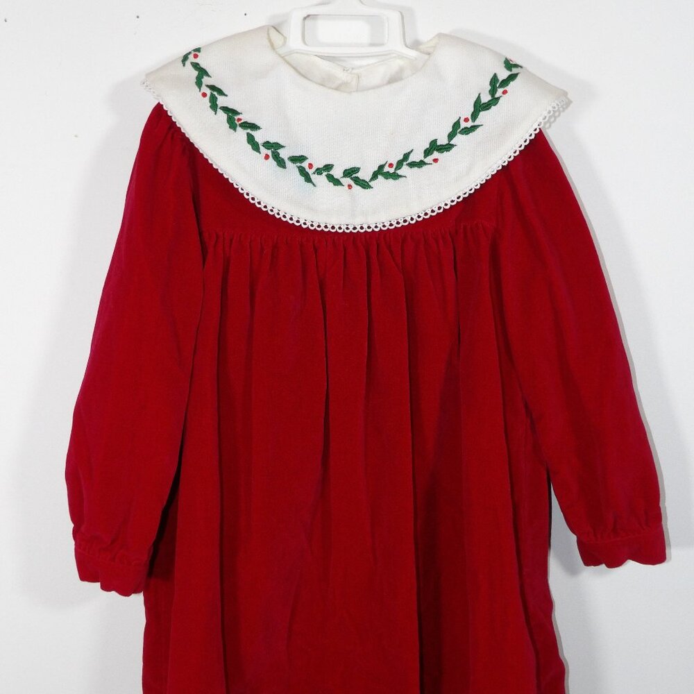 Red Girls' Long-Sleeve Holiday Dress with Embroidered White Collar